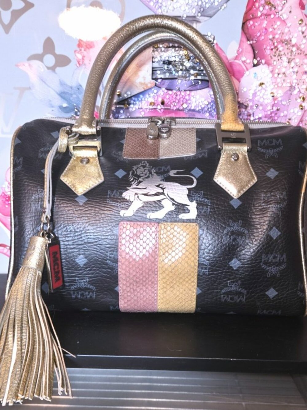 Black and Gold MCM Visetos Lion Princess Boston w/ added MCM Tassel and Hang Tag